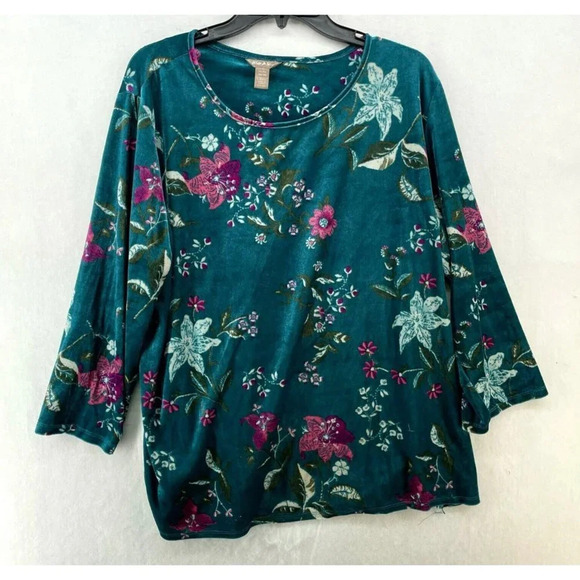 White Stag Tops Women's Sz S Green Floral Print 3/4 Sleeve Side Hem Vent Velvet - Picture 1 of 10